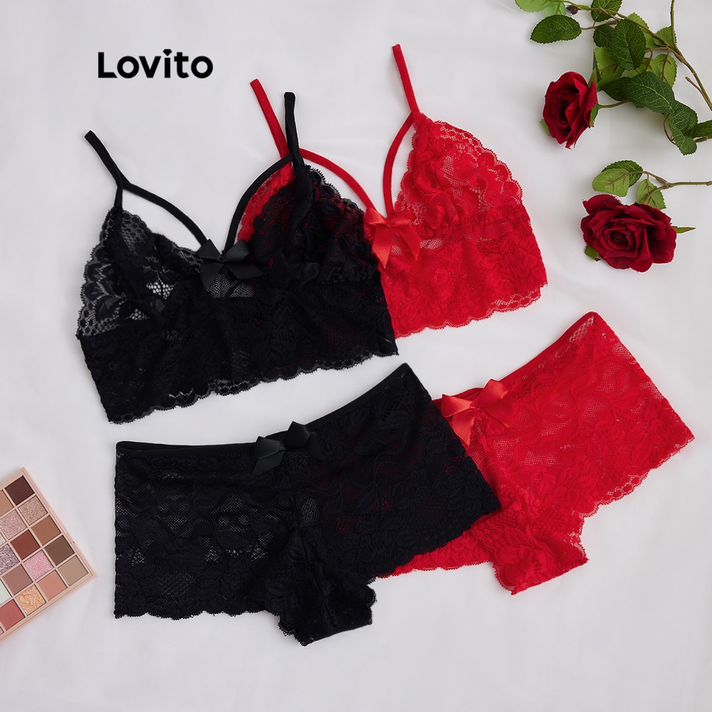Đồ lót Lovito có dây chéo đính nơ phối ren không kèm miếng đệm phong cách sexy L17X505 (Màu đỏ / Màu đen)
