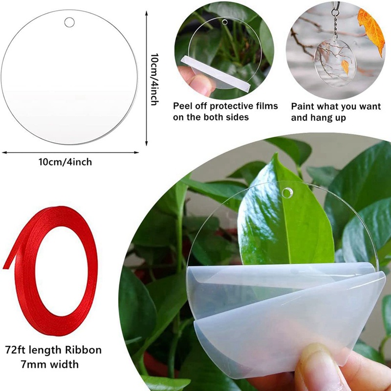 Set 20 Đĩa Trống Trơn Trong Suốt Bằng Acrylic Kèm Dây Ruy Băng Dùng Làm Móc Khóa DIY