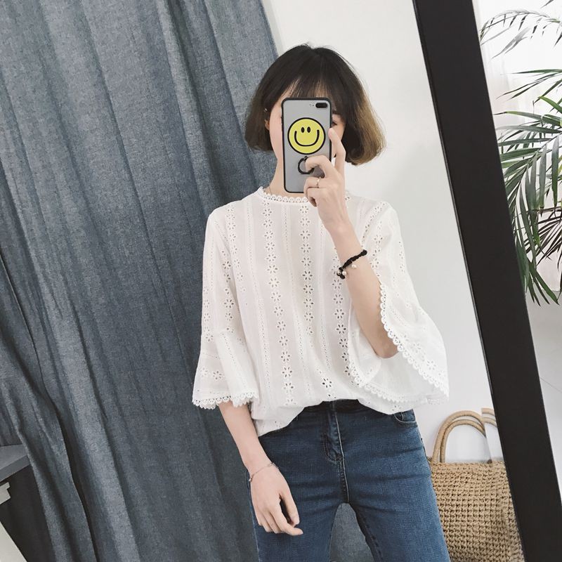 (Size S,M,L,XL) Áo Ren Trắng Họa Tiết Hoa Tay Loe Ulzzang