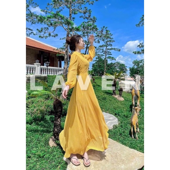 Đầm Váy Maxi Chấm Bi Tay Dài Phối Nút Cài Duyên Dáng Hàng Cao Cấp