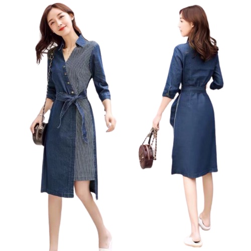 Đầm jean suông cổ V tay lỡ có túi size M L