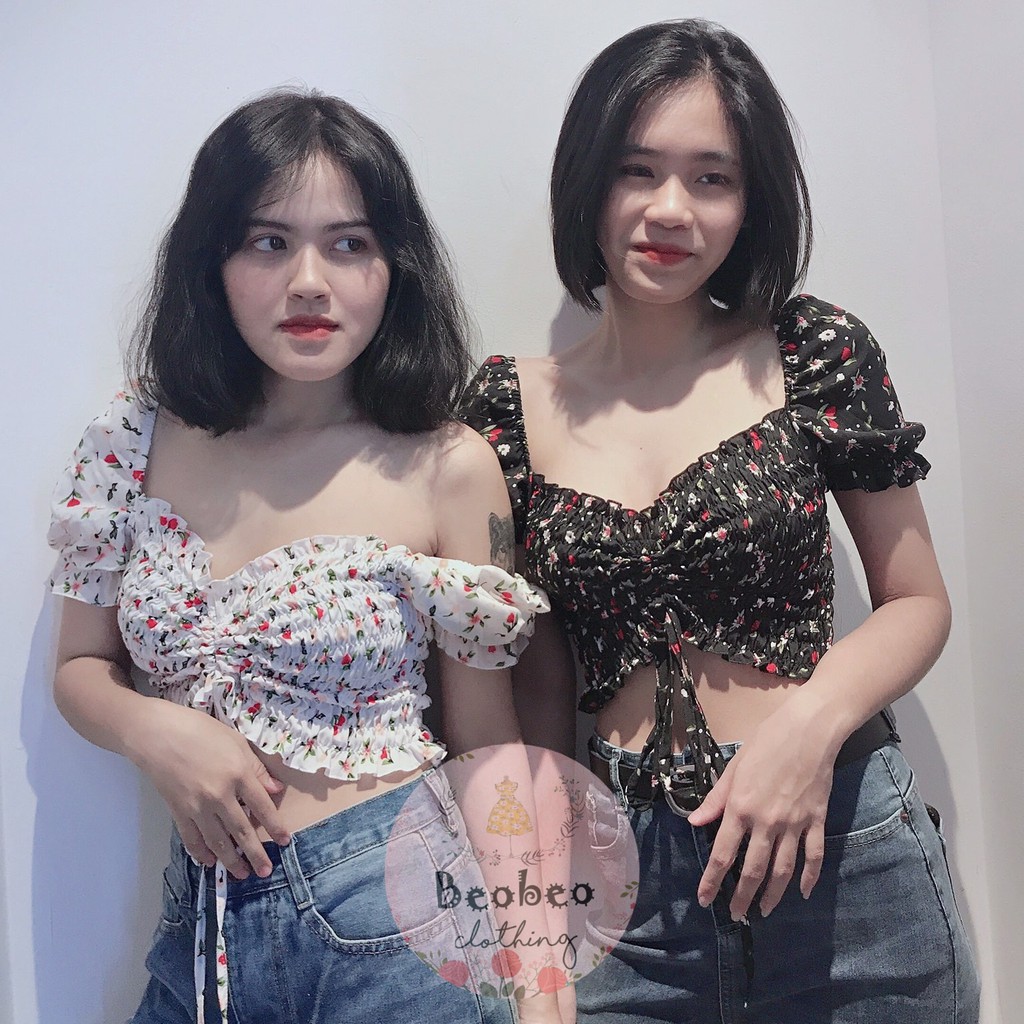 [Ảnh thật] Áo croptop tay ngắn hoa nhí 3 màu rút ngực ulzzang
