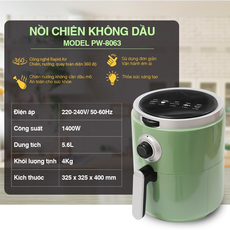 Nồi Chiên Không Dầu Vietstar PW-8063 Dung Tích 5.6 Lít