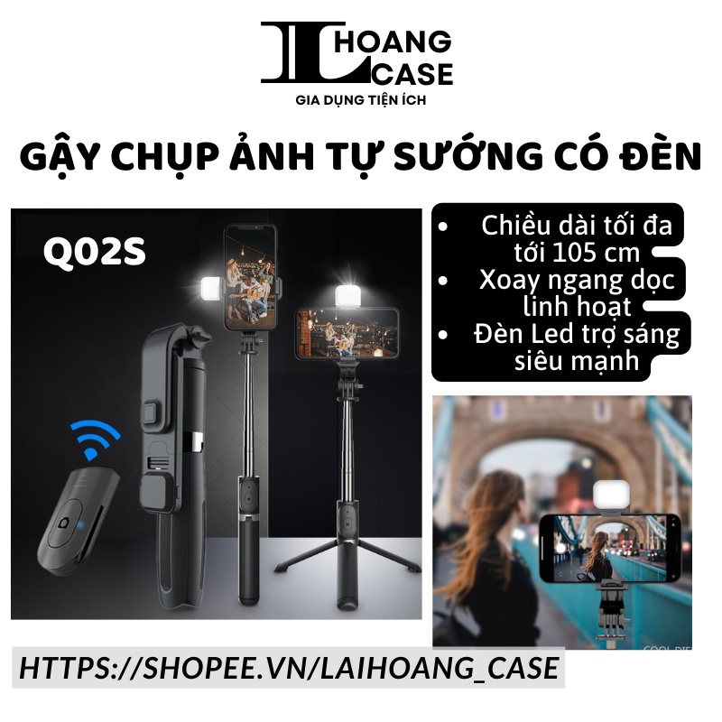 Gậy chụp ảnh tự sướng Bluetooth Q02S có đèn LED trợ sáng-giá đỡ điện thoại đa năng gấp gọn bỏ túi