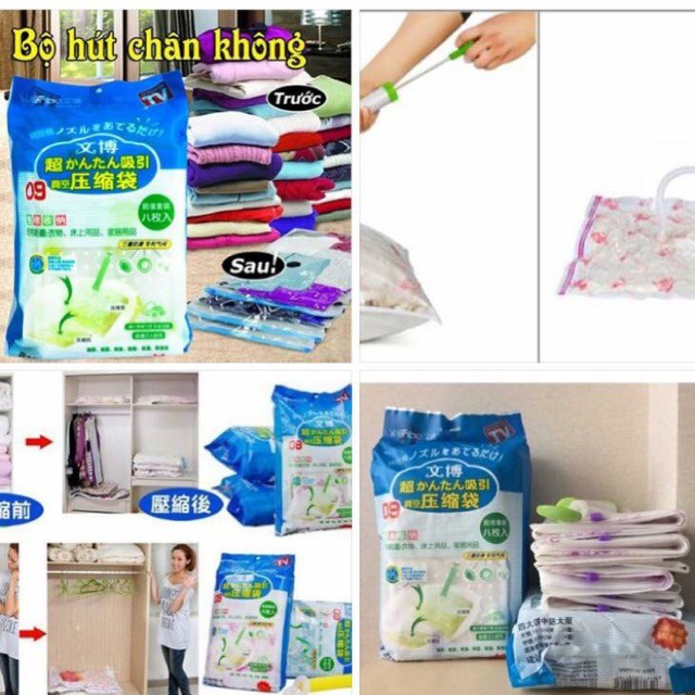 Bộ 8 túi hút chân không kèm bơm -  túi đựng tiện dụng hút chân không