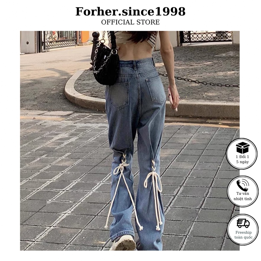 Quần jeans ống đứng phối dây thừng, quần Forher.since1998