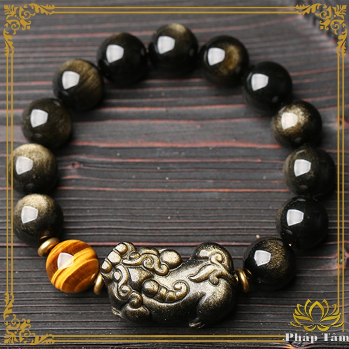 Vòng Tay Đá Núi Lửa Obsidian Màu Vàng Đen Mix Tỳ Hưu Cao Cấp - Tâm Phong Thủy
