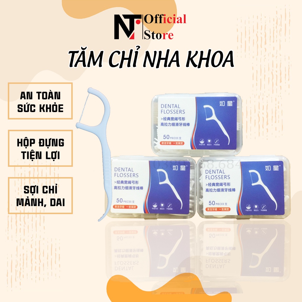 Tăm chỉ nha khoa hộp 50 cái tiệt trùng an toàn, sợi chỉ mảnh chất lượng cao bảo vệ răng nướu