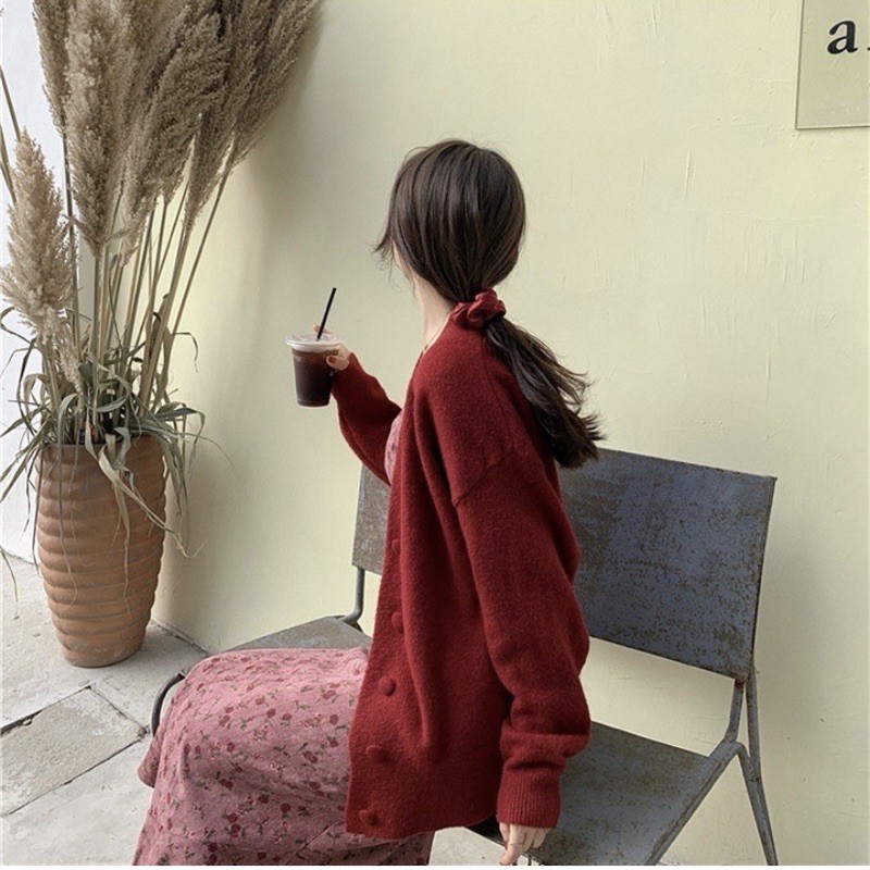 Set áo cardigan váy hoa