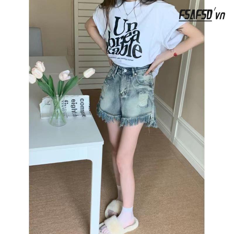 Quần Short Jean Lưng Cao Ống Rộng Cá Tính Dành Cho Nữ