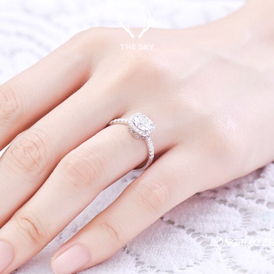 Nhẫn bạc nữ THE SKY NB01 đính đá lấp lánh mặt vuông hàng thiết kế trẻ trung cá tính hot trend
