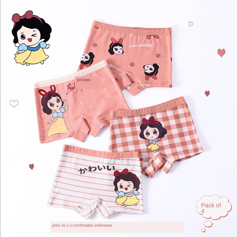 SANITKUN Bộ 4 quần lót cotton thoáng khí in họa tiết hoạt hình đáng yêu cho bé gái