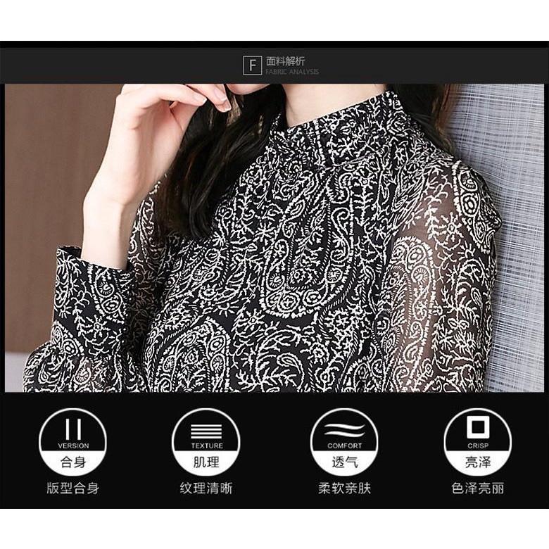 S-5xl Mùa Hè Mới Phần Mỏng Áo Sơ Mi Voan Nữ Kích Thước Lớn Rời Bong Bóng Dài Tay In Hoa Top Áo Sơ Mi Nữ