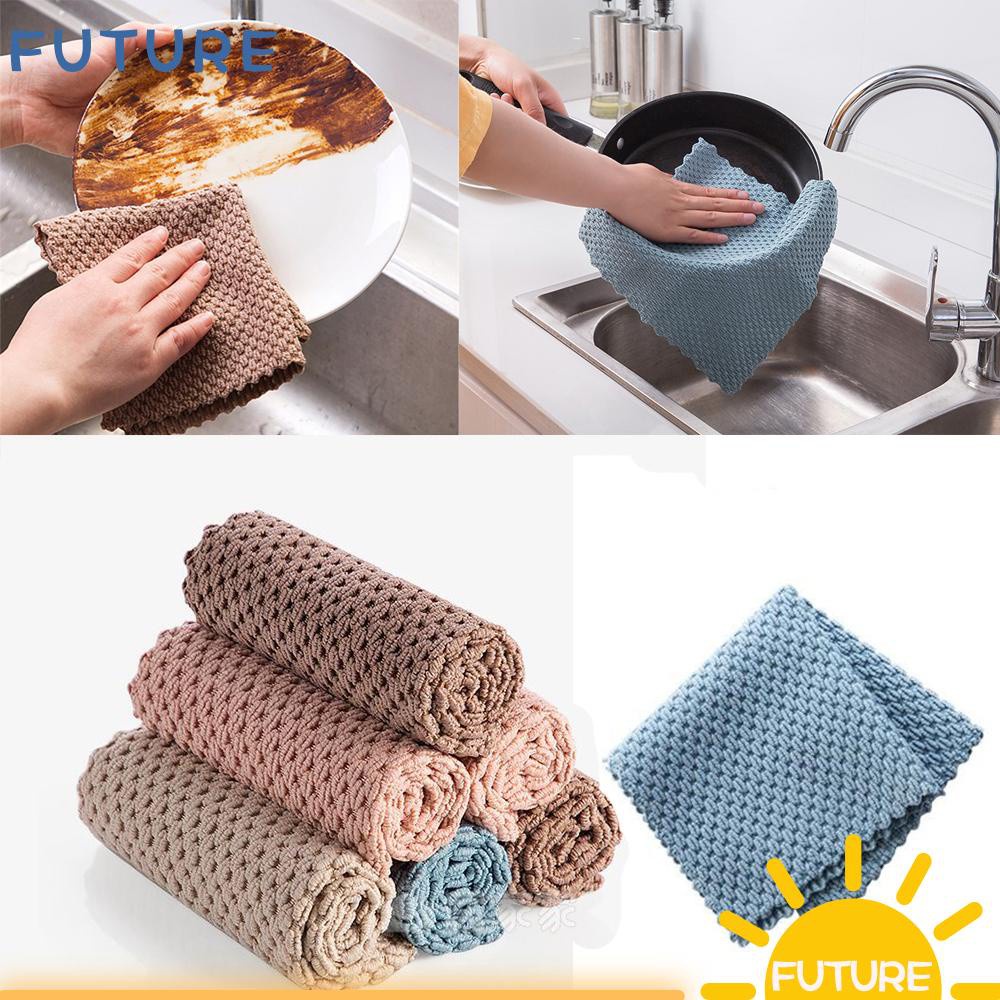 FUTURE 1/2Pcs Absorbent Washing Towel Microfiber Scourig Pad Cleaning Cloth Dishcloth Kitchen Supplies Household Almond Flannel Rags Washing Dish Cloth/Multicolor