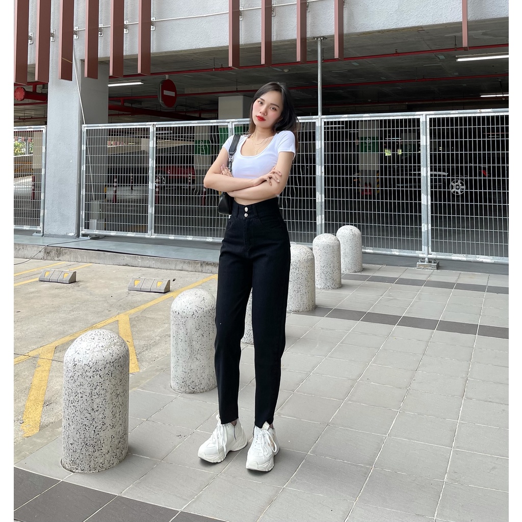 Quần Bò Nữ Quần Baggy lưng Cao 2Nút Lai Cắt Shop Maika-Jeans