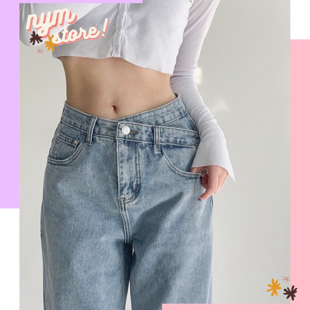 Quần bò nữ cạp chéo lưng cao ống rộng dáng suông ulzzang quần bò nữ ống đứng vải bò dày đẹp (J8102)