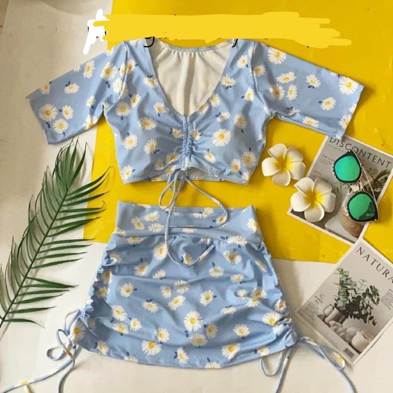 [HÀNG CHUẨN+ẢNH THẬT] Bikini 3 món hoa cúc xanh kèm chân váy | BigBuy360 - bigbuy360.vn