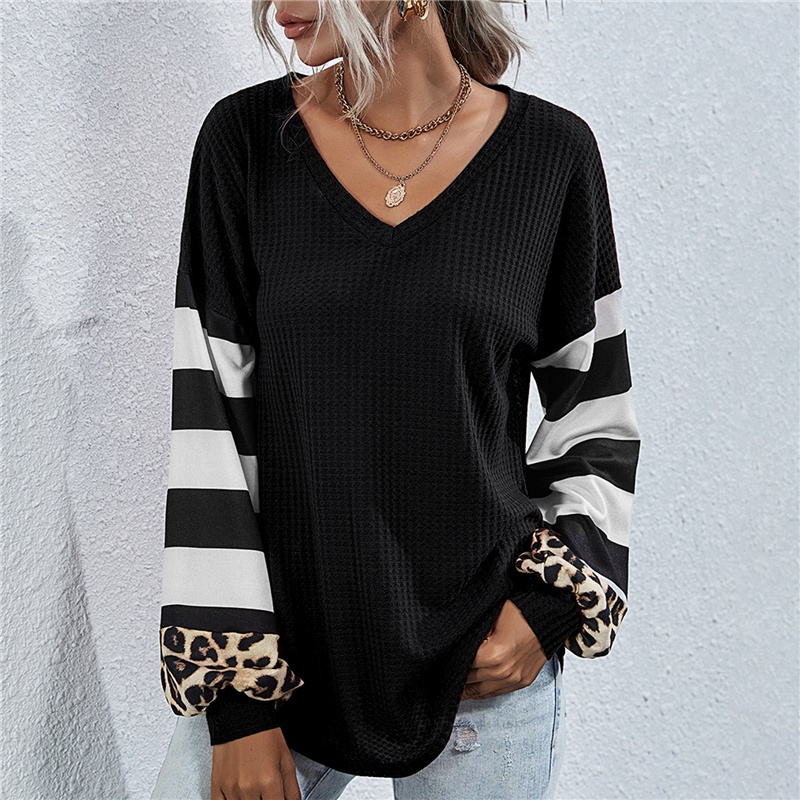 European and American Women Autumn and Winter Women's Clothing Women's Striped Stitching Long-sleeved T-shirt