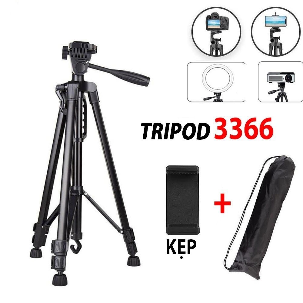 Gậy Tripod 3 chân cho máy ảnh và điện thoại  3366 dài 1m50 cao cấp - Tặng kèm Đầu kẹp điện thoại và Remote điều khiển