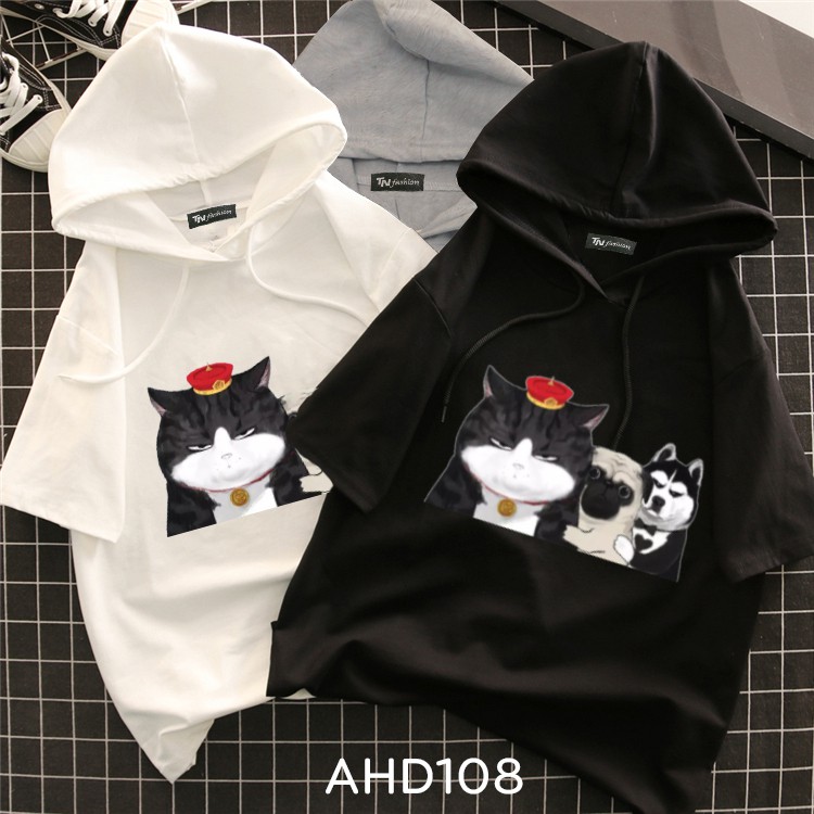 ⚡️ FreeShip 50k ⚡️ AHD108 Áo thun teen nam nữ HOODIE TAY LỠ CÓ NÓN hình mèo hoàng thượng và đồng bọn