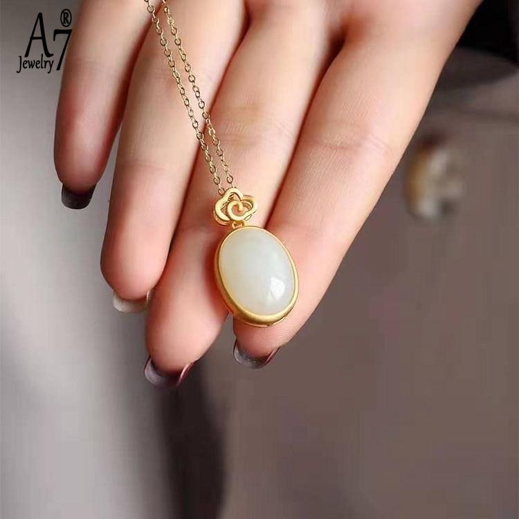 Vòng cổ Bạc 925 Mặt Đá Ngọc Bích Trắng Hình Oval Kiểu Dáng Thanh Lịch Dành Cho Nữ