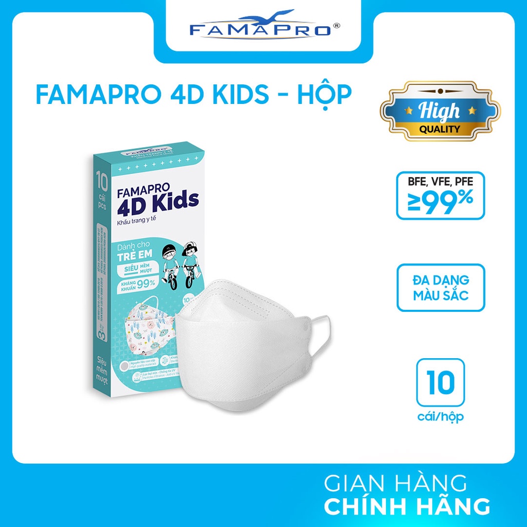 [4D MASK KIDS (KF94)- HỘP 10 CÁI] Khẩu trang y tế cao cấp trẻ em kháng khuẩn 3 lớp Famapro 4D Kids