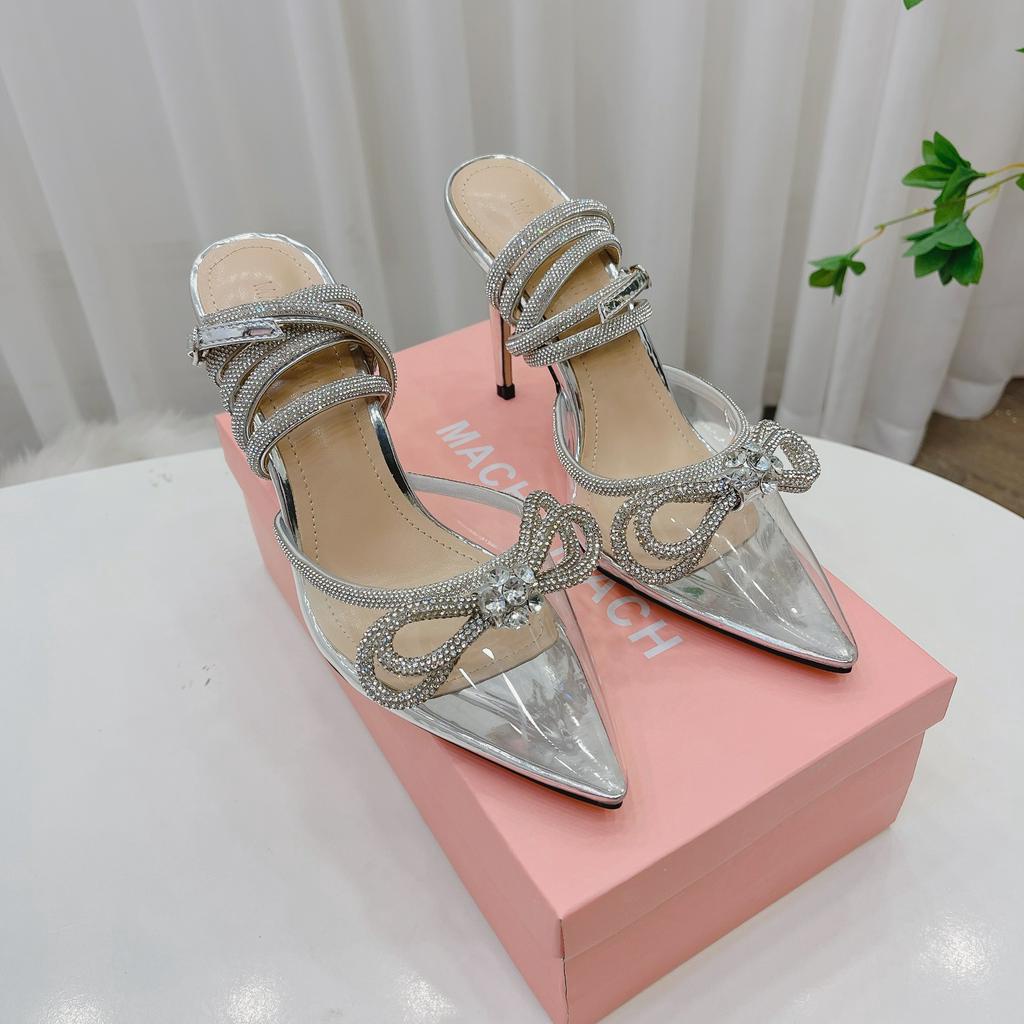 Sandal nữ cao gót, sandal lụa nơ đá dây quấn gót 10cm