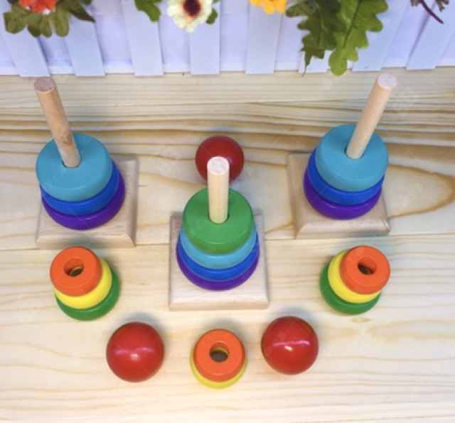 Tháp xếp chồng gỗ 7 sắc cầu vồng - đồ chơi gỗ phát triển trí tuệ giúp bé nhận biết màu sắc