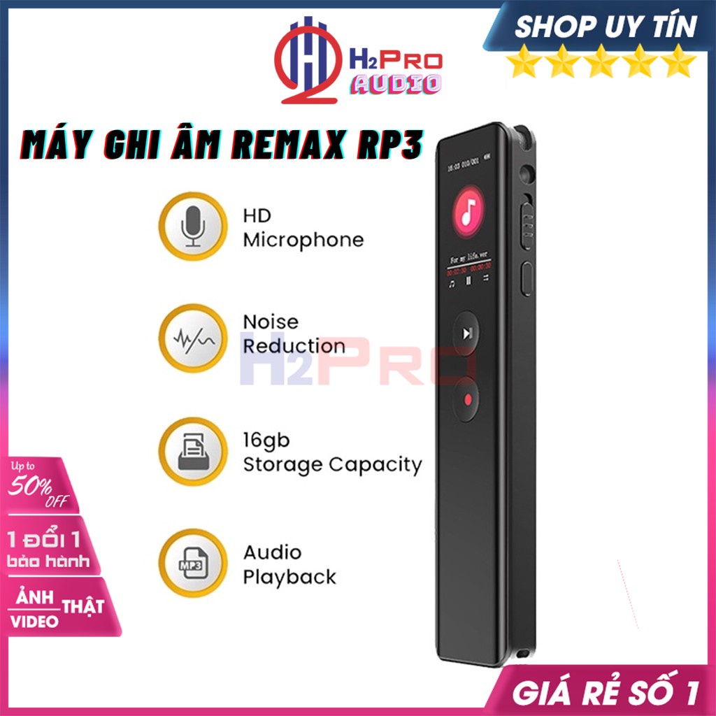 Máy Ghi Âm Mini Remax Rp3, Máy Ghi Âm Chuyên Nghiệp, Thu Phát Âm Thanh Rõ Nét Chống Ồn, Bộ Nhớ 16G, Pin Sạc-H2Pro Tech
