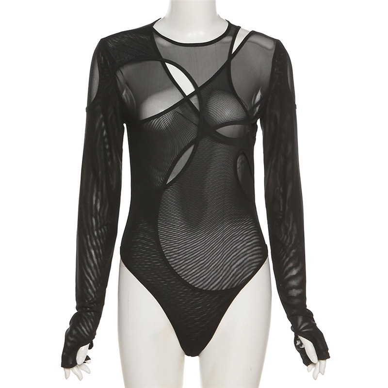 DUNEA Áo liền quần tay dài vải lưới xuyên thấu thời trang gợi cảm cho nữ