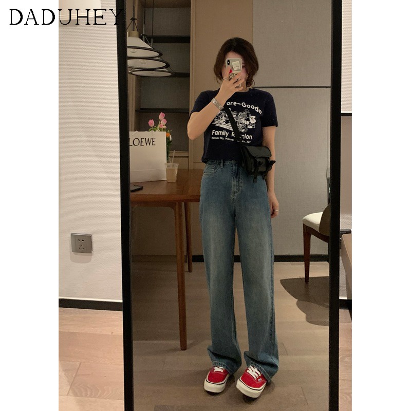 Daduhey Quần jean ống rộng lưng cao phong cách Hàn Quốc không có thắt lưng thời trang cho nữ