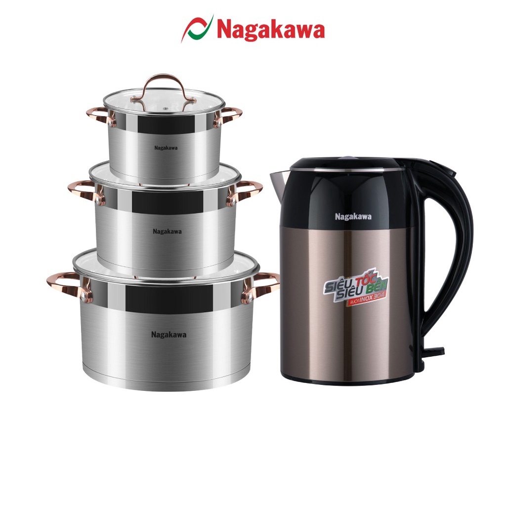 COMBO Ấm siêu tốc inox 304 2 lớp NAG0315  và bộ 3 nồi 5 đáy inox 304 NAG1352 Nagakawa