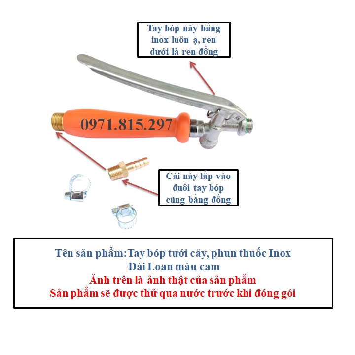 Tay bóp tưới cây, phun thuốc Inox Đài Loan màu cam