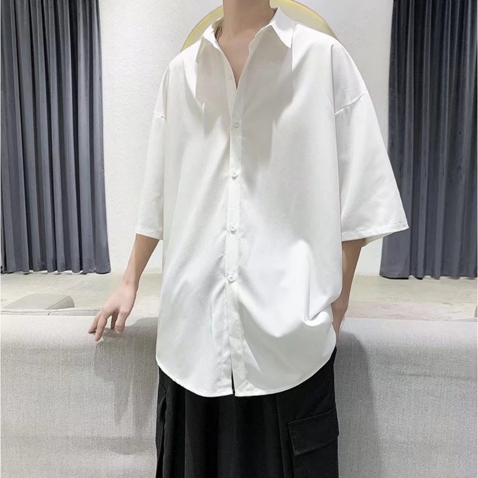 Áo sơ mi ngắn tay xẻ tà dáng rộng màu trơn phong cách Hàn Quốc mặc thường ngày retro cho nam