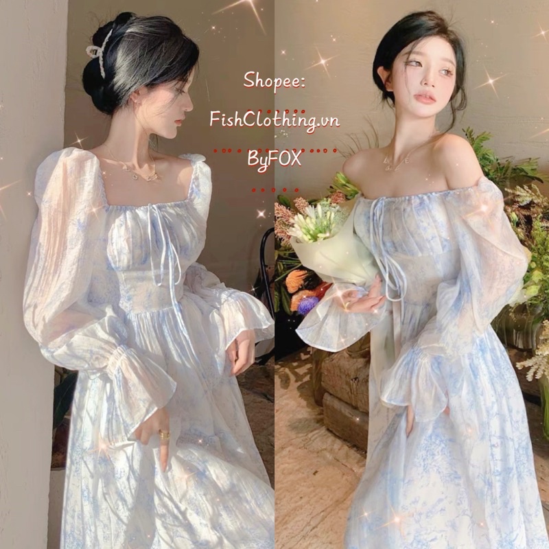 Hàng Quảng Châu🖤Đầm maxi xanh voan cổ vuông đi biển du lịch tay loe xoè dài/Váy kiểu trễ vai dáng dài thắt nơ vintage