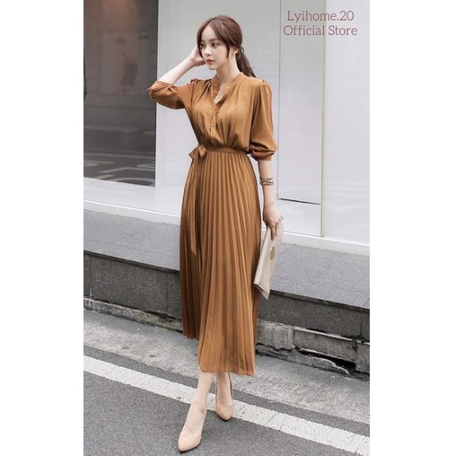 Đầm công sở Lyihome, dáng dài xếp ly cổ trụ form chuẩn phong cách Hàn Quốc trẻ trung lịch sự | BigBuy360 - bigbuy360.vn