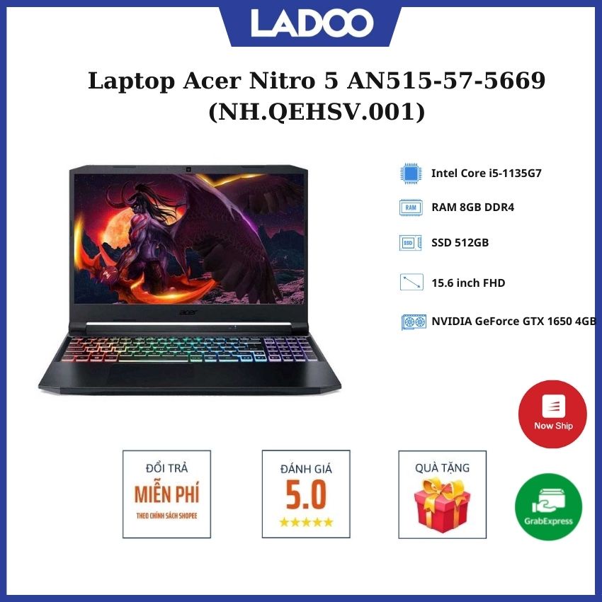 Laptop Acer Nitro 5 AN515-57-5669 (NH.QEHSV.001)/Shale Black/ Core i5- 11400H/ RAM 8GB/ 512GB SSD/ 15.6inch FHD/GTX 1650
