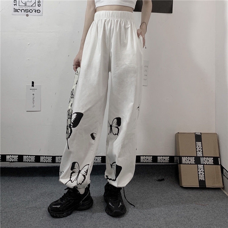 Happy-store ❤️ quần jogger nữ Bươm bướm In Họa trắng Tiết Hoạt Hình Cá Tính Phong Cách Hiphop