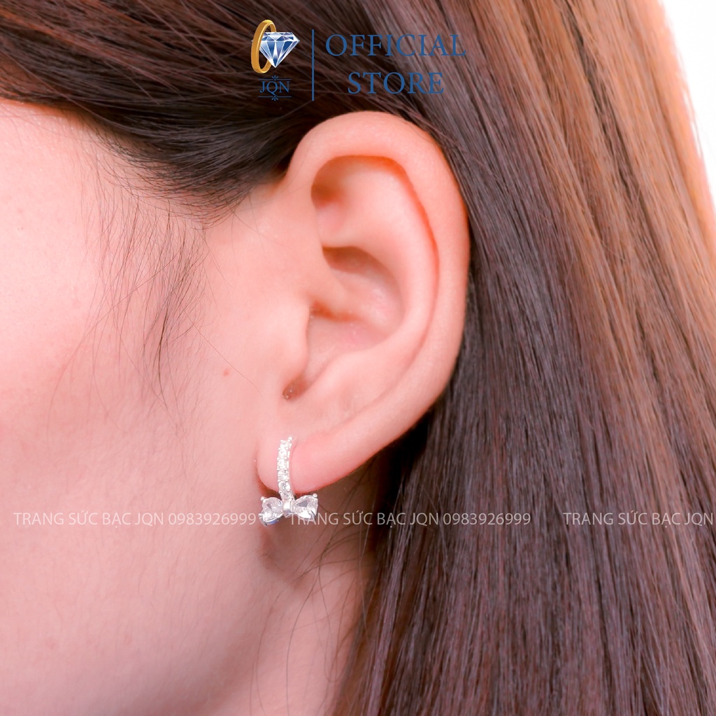 Khuyên Tai Tròn JQN Bông Tai Nơ Bạc Thật Đính Đá T16