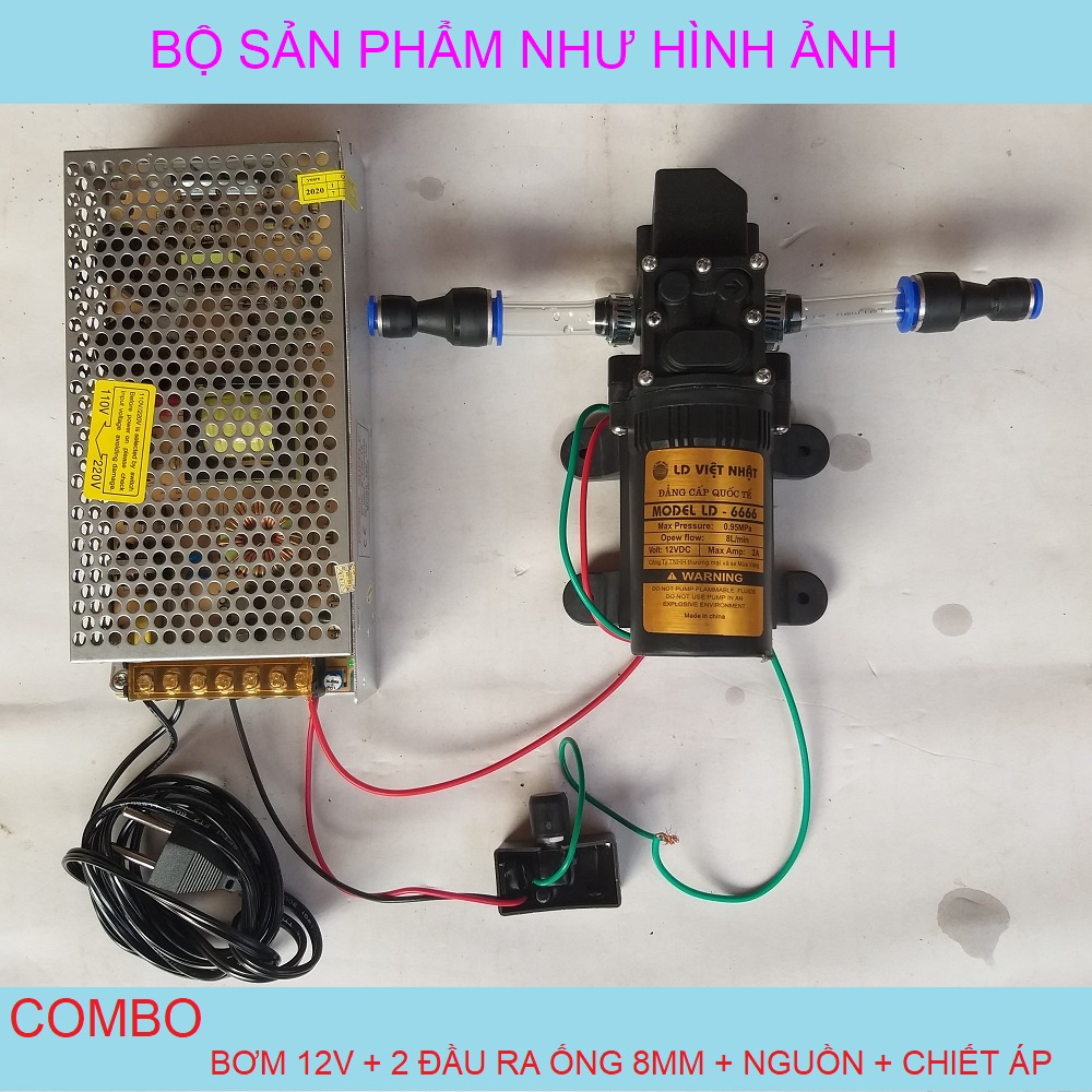 máy phun sương mini 12v ❤️FREESHIP❤️ máy bơm nước 12v (BƠM 12V kèm nguồn 12v-10A + chiết áp + 2 đầu chuyển ra ống 8mm)