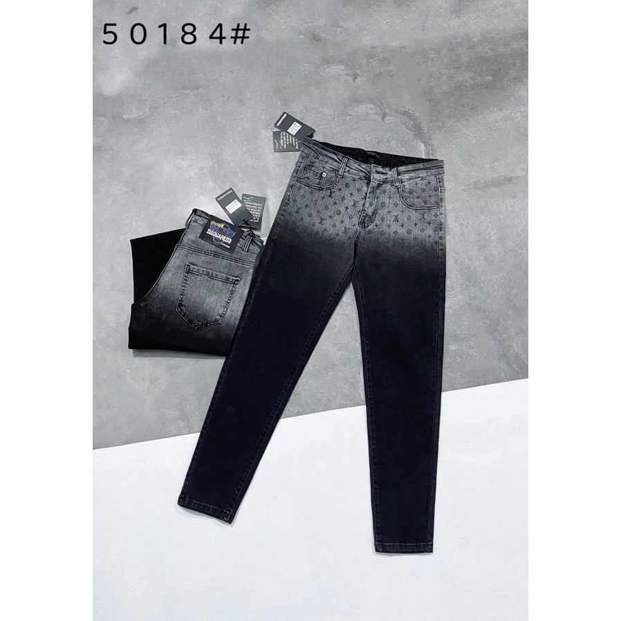 Quần jean nam đen trơn co giãn loang màu thêu logo,from chuẩn,vải dày,mẫu mới-AHFASHION