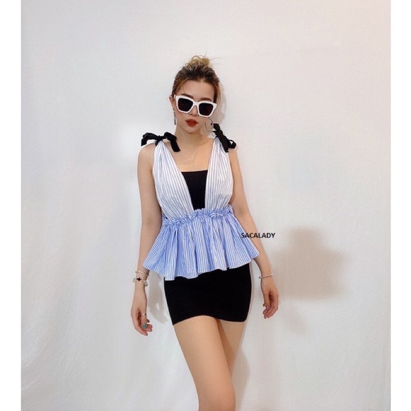 Áo Sọc Peplum Nơ Vai Nhún Eo FOREVER 21 Cổ V Hàng Xuất Dư Xịn Cao Cấp Full Tag Ver05