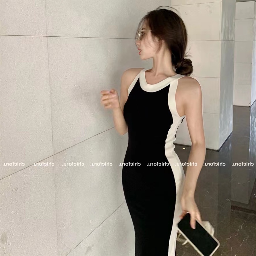 Đầm maxi dệt kim SUXI sát nách cổ tròn thiết kế đơn giản hợp thời trang