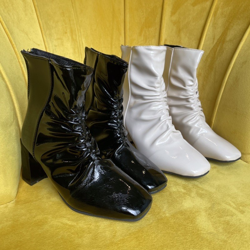 BOOT NHÚN CHUN TRƯỚC DA BÓNG GÓT TRỤ 7CM