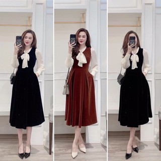 V714 đầm nhung dáng dài pha cổ nơ siêu xinh , váy dự tiệc tay voan be ,chất nhung dầy dặn