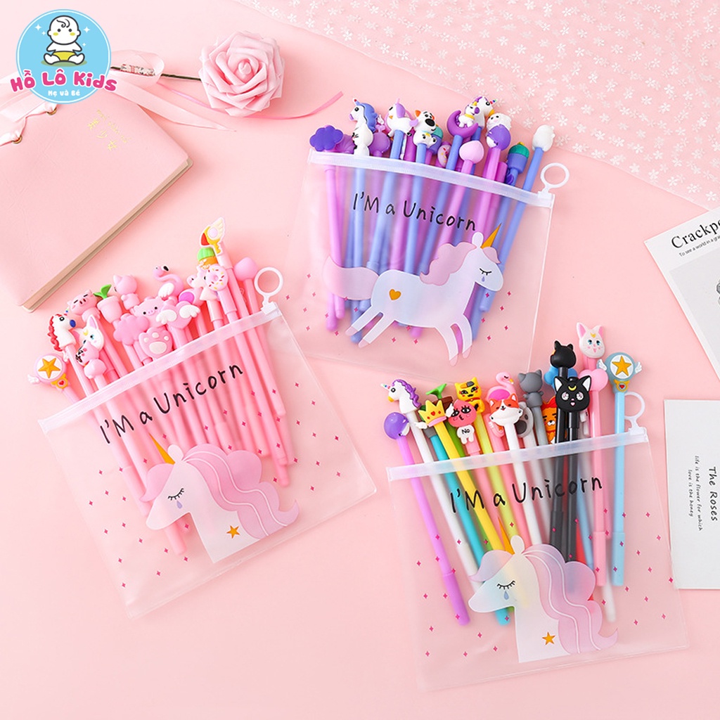 Set 20 bút bi cute mực nước mực xanh nhiều màu kèm túi Zip Hồ Lô Kids