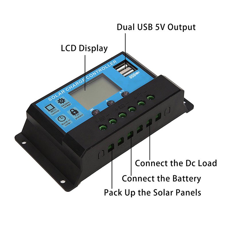 Bộ sạc năng lượng mặt trời 12V 30A Bộ Điều khiển sạc pin năng lượng mặt trời với 2 cổng USB 5V