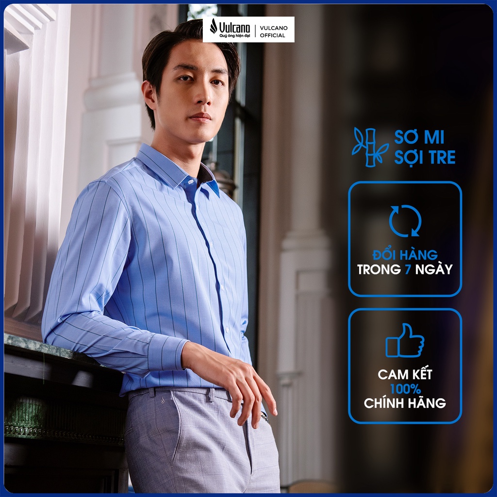 Áo Sơ Mi Dài Tay Vulcano 0679 Xanh Kẻ, Vải Sợi Tre Cao Cấp, Mềm Mịn,Thoáng Mát