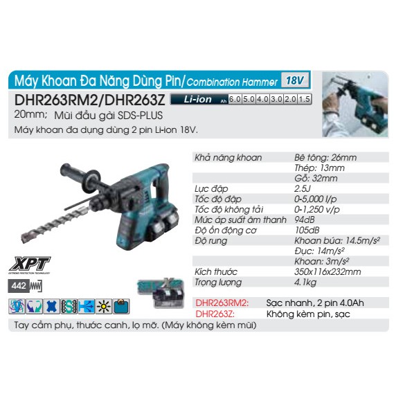 MÁY KHOAN ĐA NĂNG DÙNG PIN MAKITA DHR263RM2 (CHUÔI GÀI SDS-PLUS/26MM)(18VX2)