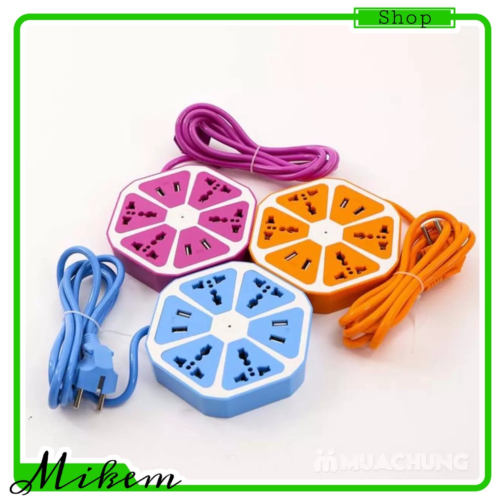 Ổ Cắm Điện Hình Trái Cam - Dây Cáp 1.5m - Phích 3 Chấu - 4 Ổ Cắm - 2 Chấu Sạc USB. Có Công Tắc An Toàn